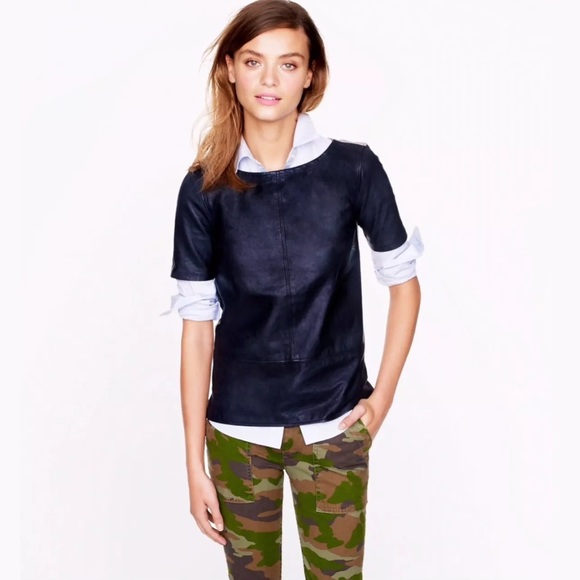 J. Crew Tops - J Crew Collection Leather Front  Top Navy Sz S